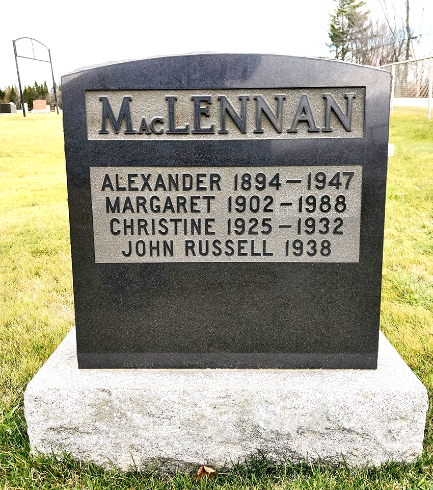 Photo of headstones/Alexander MacLennan 1894-1947 hdstn Canterbury Brown cem Que